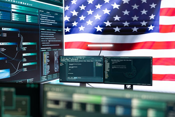 High tech governmental cyber operations center with usa flag