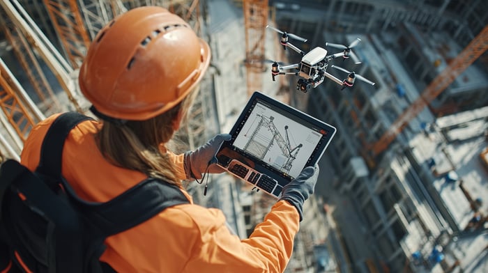 civil engineer using a drone to inspect the top of a tall infrastructure project, with a screen showing real-time data